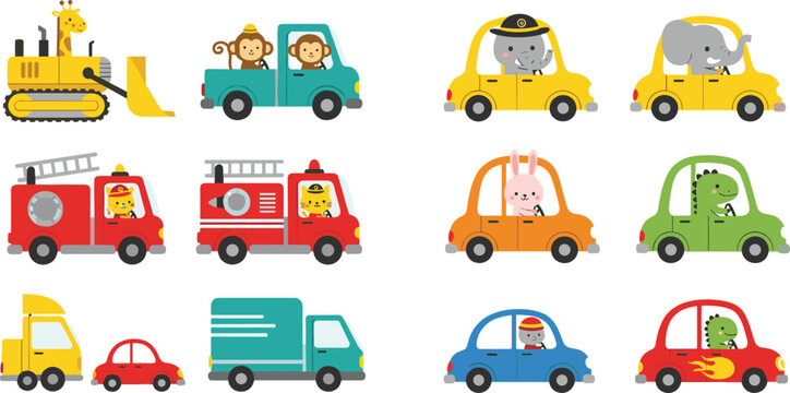Cute cartoon animal driving cars and construction vehicles collection kids transportation vector illustration set bundle