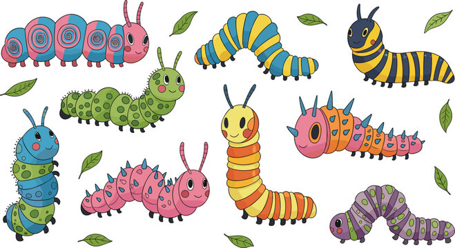 Cute cartoon caterpillar collection colorful insect character set with different poses children vector illustration bundle