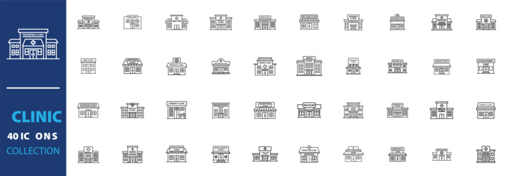 Clinic line icon collection. Includes hospital, medical center, healthcare, pharmacy, laboratory, and doctor's office symbols. Created in outline style with a blue and white palette.
