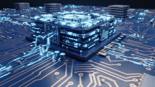 Advanced computer processor with glowing circuits on a motherboard