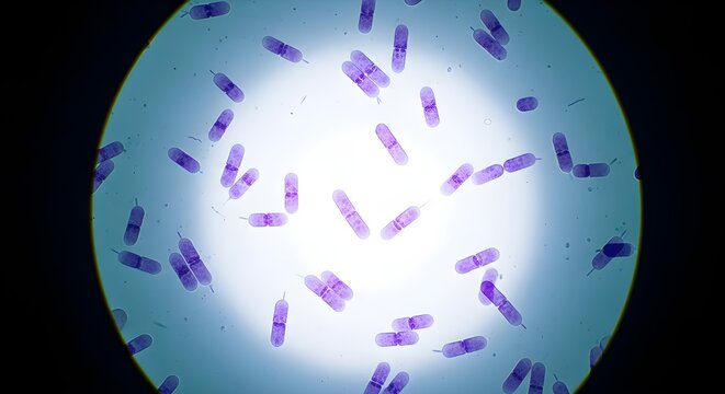 Microscopic view of purple rod-shaped bacteria (bacilli) undergoing binary fission.