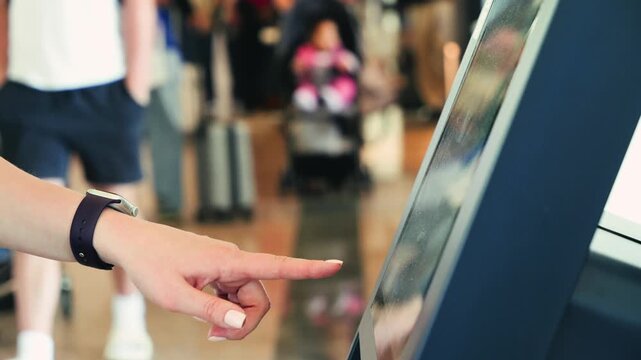 Passager using self-check-in machines at the airport, check-in kiosks or self-service kiosks close up. Machines allow passengers to print boarding passes, select seats, and check luggage without