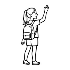 Obraz premium Regreso a las clases. Dibujo sencillo con líneas de una niña de primaria con mochila de pie saludando 