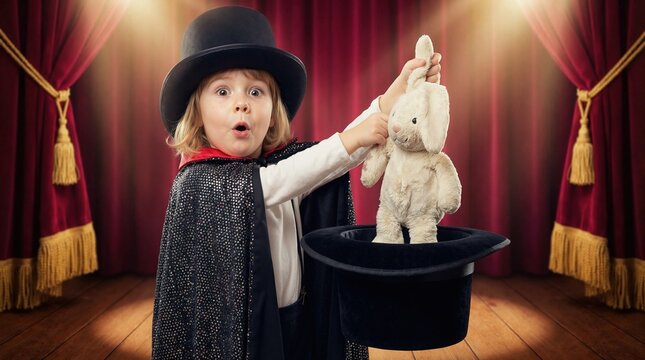 Young child magician pulling rabbit out of hat. Kid in costume performing magic trick on stage. Theater performance concept
