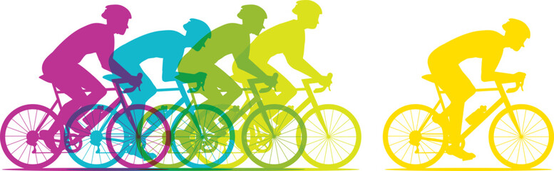 Obraz premium Banner of cyclists competing in a cycling race. Colorful silhouettes. Hand-drawn vector illustration.