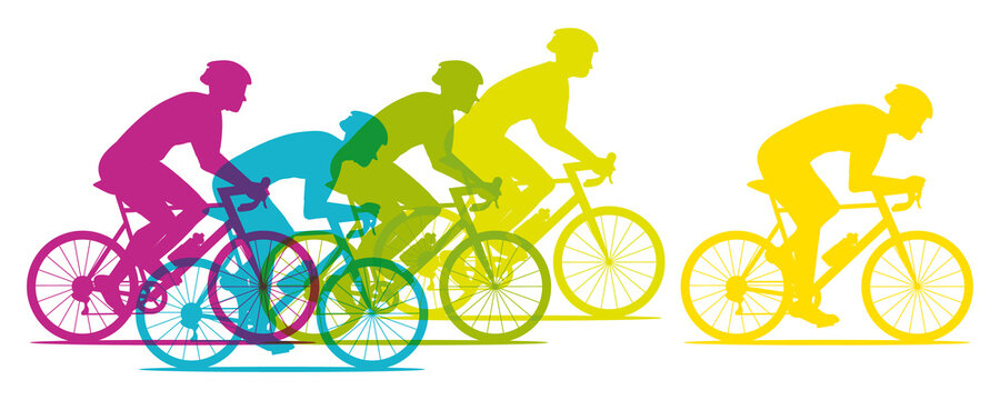 Banner of cyclists competing in a cycling race. Colorful silhouettes. Hand-drawn illustration.