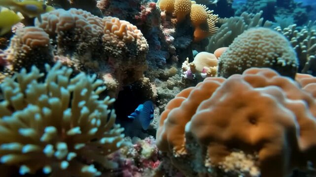 Vibrant coral reef ecosystem and blue tang surgeonfish swimming through underwater habitat marine life abundance