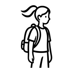 Regreso a las clases. Dibujo sencillo con líneas de una niña de primaria con mochila de pie © teracreonte
