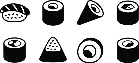 Sushi and Japanese food silhouette icon set with rolls, nigiri and onigiri isolated on white background © MD KHAIRUL