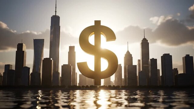 Golden dollar sign city skyline.
