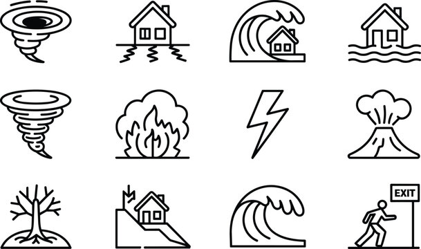 Natural disaster icon set with tornado, earthquake, tsunami, flood, wildfire, lightning, volcano and evacuation symbols isolated on white background
