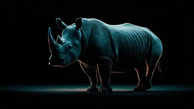 A shadowed rhinoceros illuminated with strategic lighting, emphasizing its horn and form against a dark backdrop