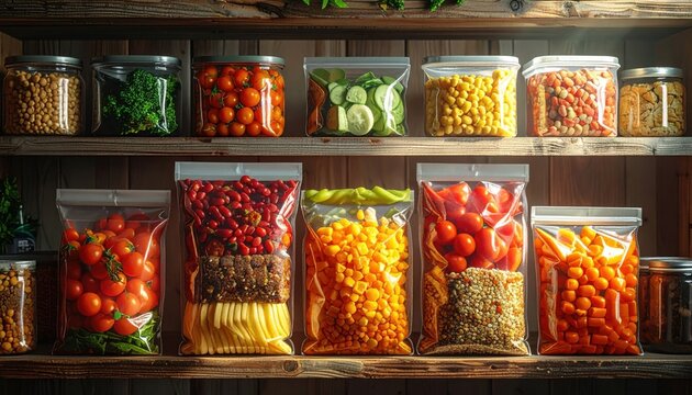 A detailed photograph of FlyPro Firefly resealable bags, holding assorted non-perishable food items like vibrant canned vegetables and protein bars, neatly arranged on wooden pantry shelves.
