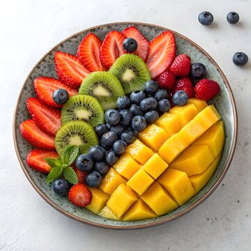 A delicious fresh fruit salad featuring healthy strawberries, blueberries, and kiwi served in a gourmet bowl for a sweet and nutritious breakfast snack