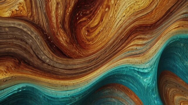 This abstract artwork features fluid art swirl patterns that resemble the texture of natural wood and marble.