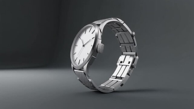 silver watch mockup, realistic metal texture, soft studio lighting, orbit rotation, minimal gray background, 4k, loopable commercial video