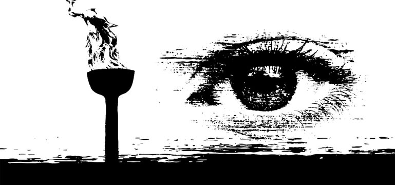 Symbolic eye and torch flame in high contrast ink drawing for conceptual art design