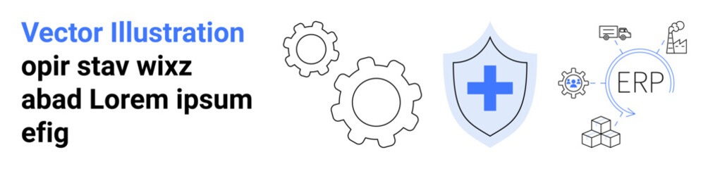 Fototapeta premium Healthcare systems, enterprise management, process efficiency, medical safety, technology integration, data security. Shield with medical cross, gears and ERP icons. Healthcare systems