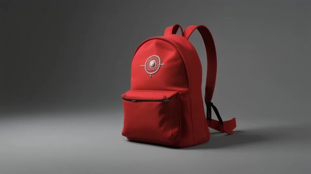 red backpack mockup, embroidered logo, realistic fabric texture, soft studio lighting, diagonal orbit + slow zoom, minimal gray background, 4k, loopable commercial video