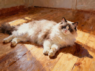 Sleeping ragdoll cat curled up in a brown plush bed, oil painting illustration of a fluffy longhair pet in a sunlit room