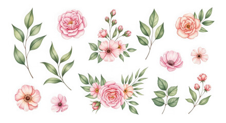 Fototapeta premium Beautiful pink floral bouquet with green leaves isolated on transparent background