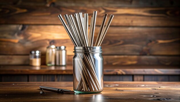 FlyPro Firefly reusable stainless steel straws in various diameters and finishes, artfully arranged in a clear glass jar on a smooth wooden surface.