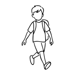 Regreso a las clases. Dibujo sencillo con líneas de un niño de primaria caminando con mochila © teracreonte