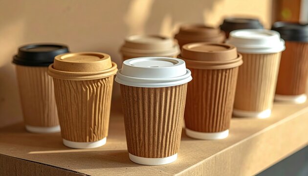 Neatly lined FlyPro Firefly compostable coffee cups with biodegradable lids on a recycled cardboard surface, showcasing their text and sustainable design