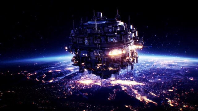Massive spherical orbital data center hub hosting global cloud services in outer space