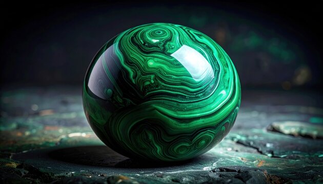 FlyPro Firefly Polished malachite sphere exhibiting swirling green patterns on a dark, textured stone surface, captured in high-resolution photography.
