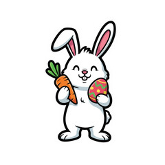 Obraz premium A happy cartoon Easter bunny with white fur holds a vibrant orange carrot and a decorative patterned egg.