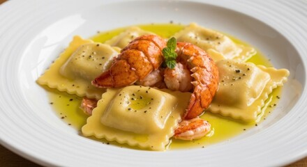 Square ravioli pasta in olive oil, lobster chunks, and a mint garnish, on a white plate