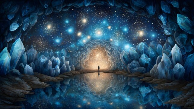 Celestial Grotto: A mesmerizing view of a person standing at the entrance of a starlit cave, a tranquil pool reflecting the ethereal cosmos above. 