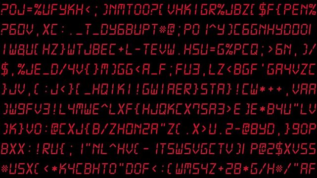 Randomly changing red alphanumeric code text on black background, wide format, resembling a system monitoring display and abstract system log style. 4K motion graphics.