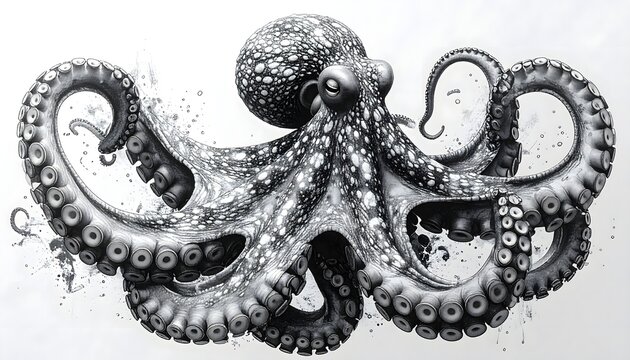 Ilustraci&oacute;n detallada de pulpo en blanco y negro con estilo grabado vintage y composici&oacute;n horizontal elegante