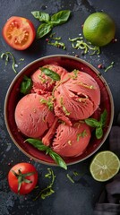Tomato ice cream with basil and a hint of lime served in a bowl with fresh toppings