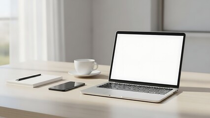Fototapeta premium Minimal Laptop Computer on Clean Office Desk for Remote Work and Home Office Workspace Concept