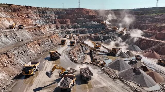 Dump trucks and excavators extracting ore in a vast stone quarry.