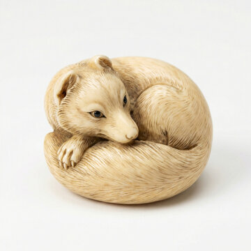 Antique Japanese ivory netsuke carving depicting a curled fox with detailed fur texture, isolated on a white background.