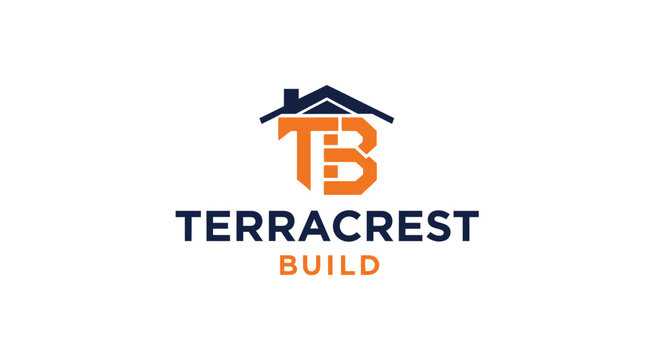 Terracrest Build Modern "TB" Initials Logo with House Roof Element on Isolated White Background