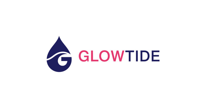Glowtide Water Drop Liquid Logo, Fluid Wave Cosmetic Beauty Hydration Brand on isolated white background