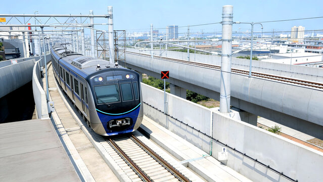Two MRT Jakarta trains passing each other on elevated tracks in the city. Indonesian train, KAI, modern rapid transit system, metropolitan transportation infrastructure, public commuter rail in Indone