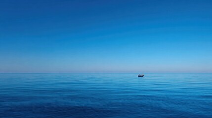Obraz premium Serene boat amidst gentle ripples. Calm marine environment with soothing blue hues. Quiet small boat floating on unruffled water capturing mood perfect for introspection and relaxation