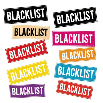 A collection of colorful blacklist stickers with varying backgrounds and text