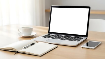 Fototapeta premium Minimal Laptop Computer on Clean Office Desk for Remote Work and Home Office Workspace Concept