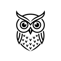 Naklejka premium A detailed and stylized black and white vector image of an owl head showing large eyes and feathered textures in a circular badge style.