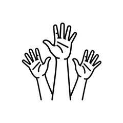 Obraz premium A community-focused black and white vector image depicting three raised human hands representing volunteering, participation, voting, teamwork, and diverse group support or collaboration.