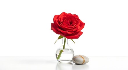 Fototapeta premium One vibrant red rose stem stands upright in a small, clear glass vase filled with water beside a smooth, oblong grey river stone on white.