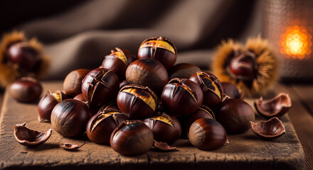 Roasted Chestnuts on Wooden Surface