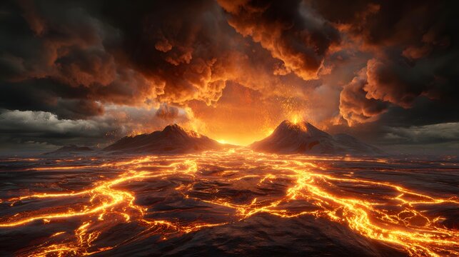 Molten Majesty: A breathtaking panorama unfolds as a river of molten rock snakes its way across a desolate landscape beneath a brooding sky, illustrating the raw power of nature.